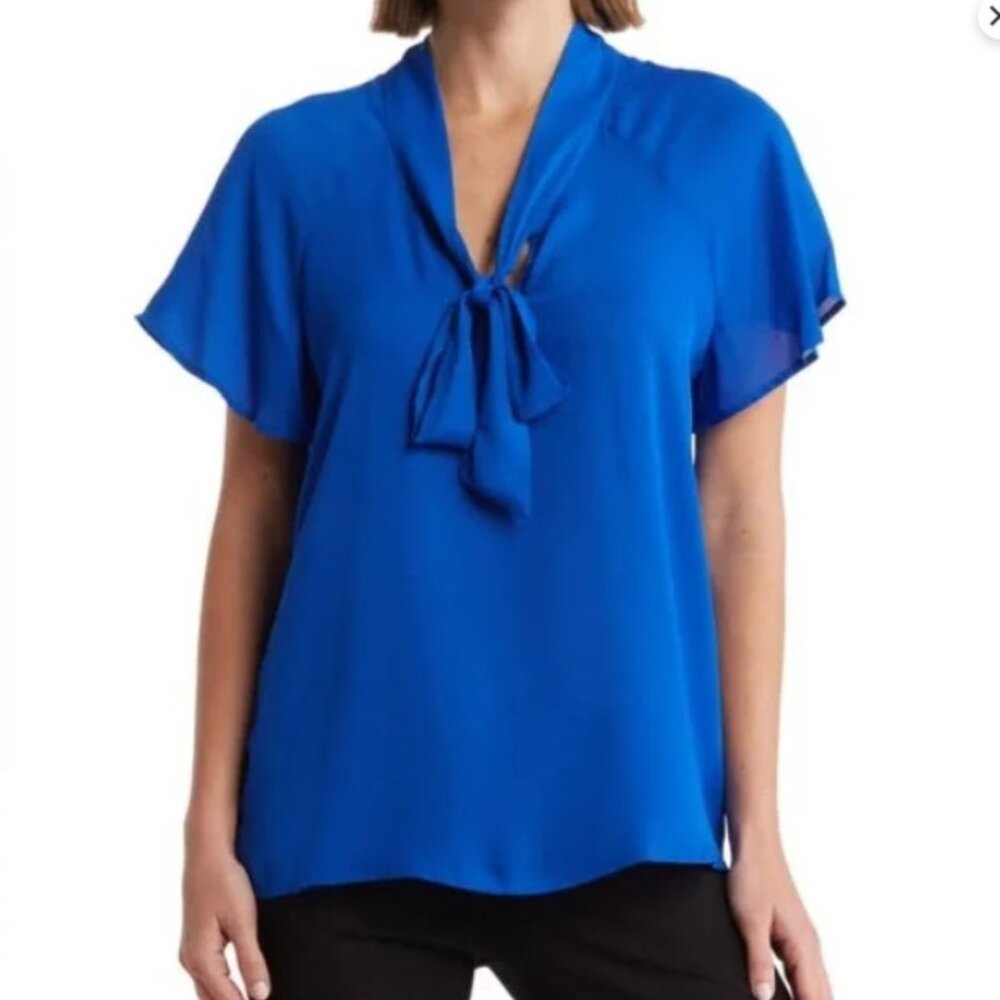 Pleione 🟣​ EUC Size Large Royal Blue Tie Neck Blouse